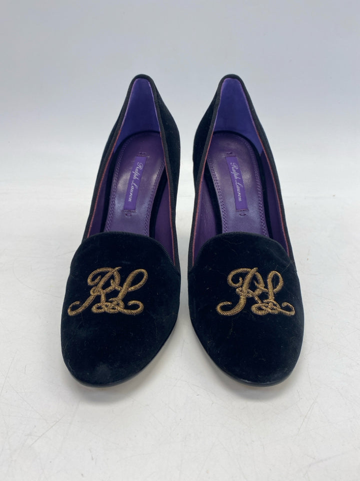 Ralph Lauren US Shoe Size 38B Black Gold Purple Label Velvet Heels