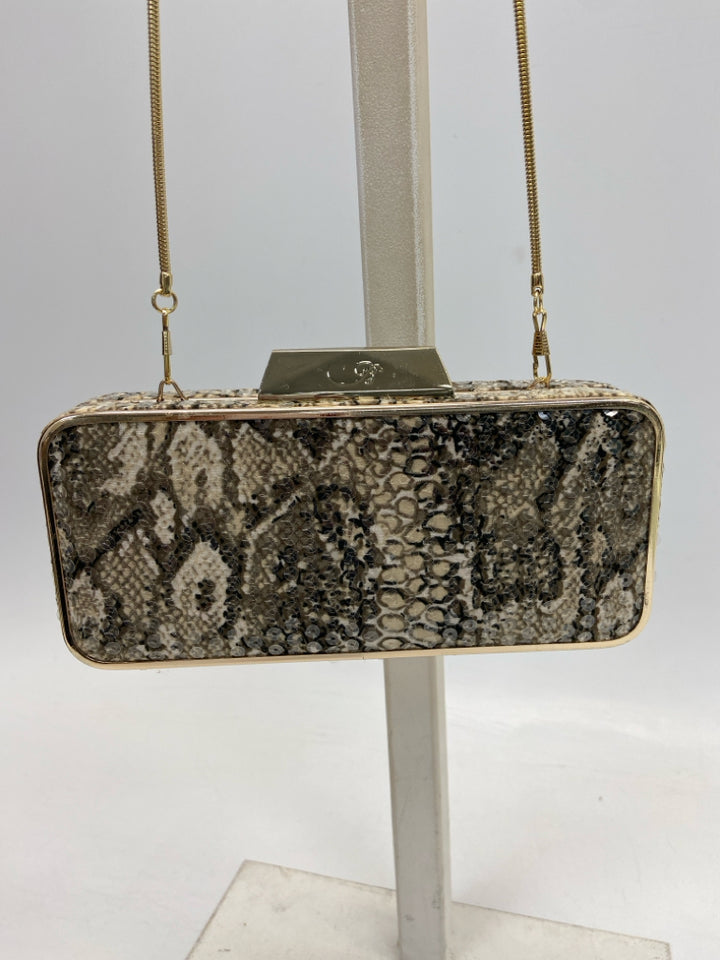 Belle B. Mischka Tan Gray Snakeskin(s) Sequins Handbag