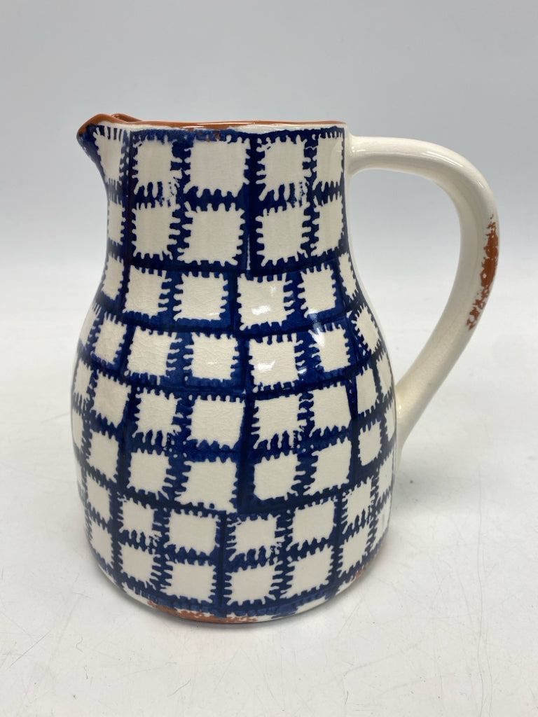 Mudpie Blue/White Terra Cotta Checkered Pitcher