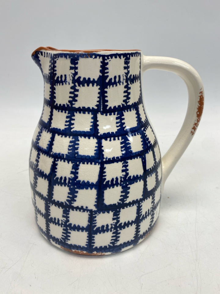 Mudpie Blue/White Terra Cotta Checkered Pitcher