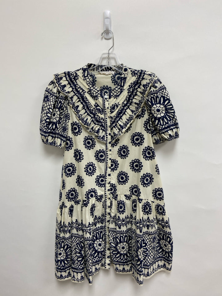 love the label Size M Cream Navy Print Button Up Ladies Dress