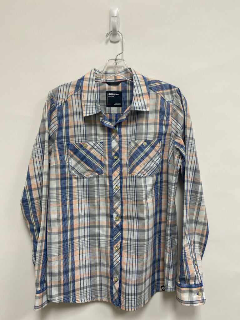 Marmot Size M Blue/White Gray/Coral Plaid Button Down Ladies Top