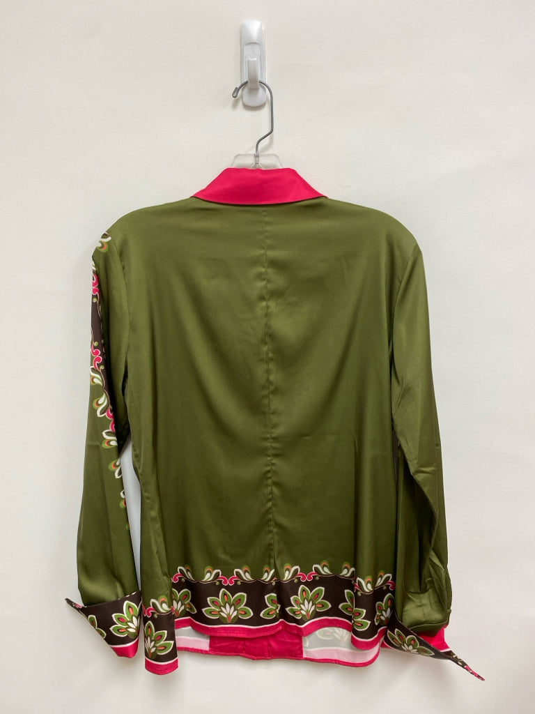 Boston Proper Size 6 Green Pink/Multi Trimmed Satin Ladies Top