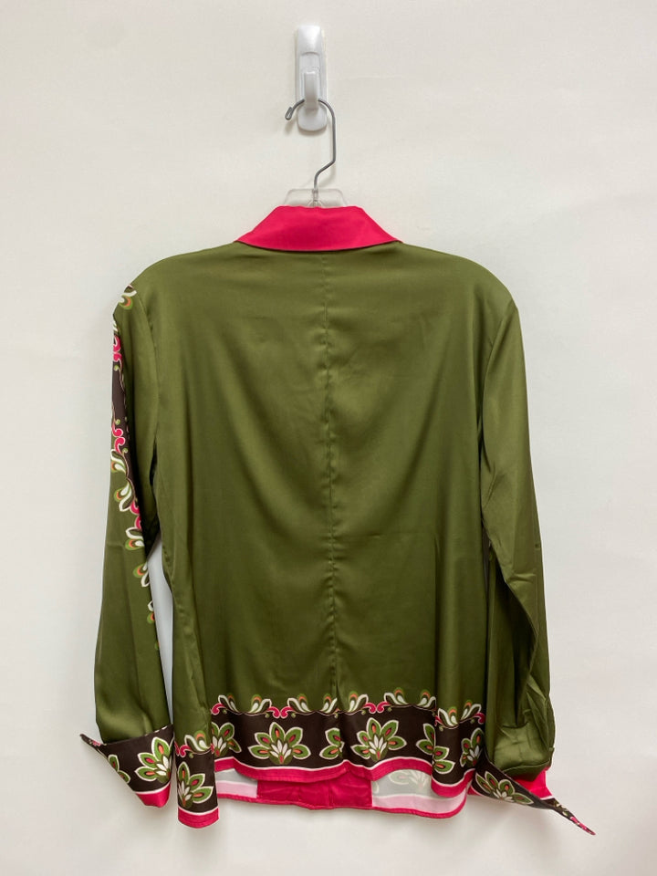 Boston Proper Size 6 Green Pink/Multi Trimmed Satin Ladies Top