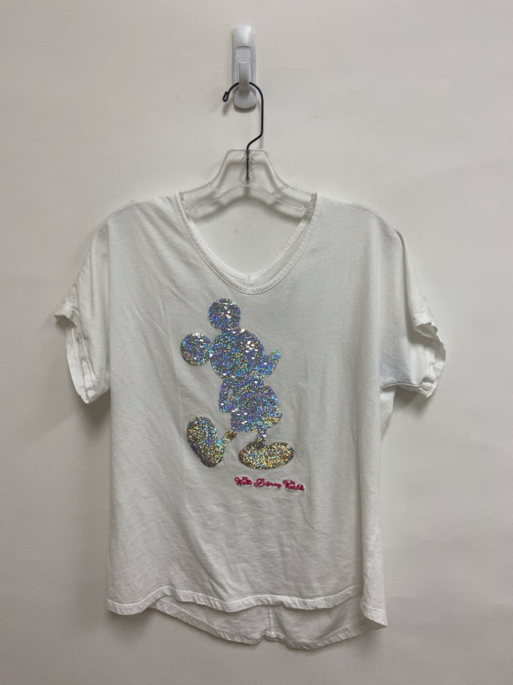 Disney Size S White Silver Sequins V Neck Ladies Top
