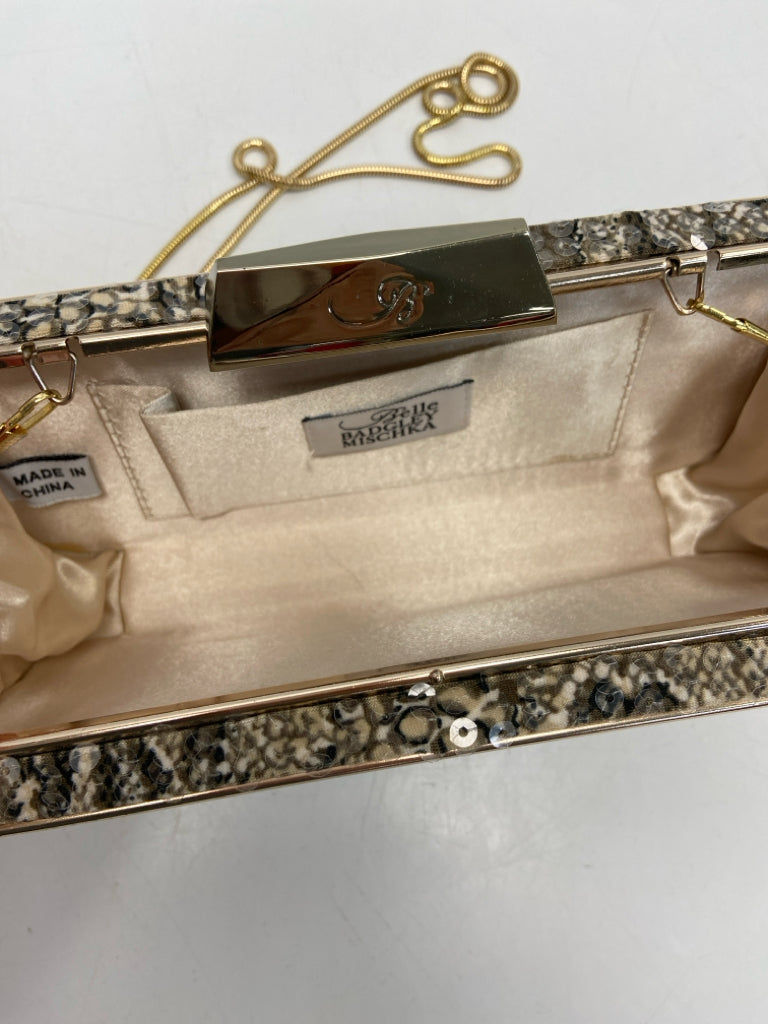 Belle B. Mischka Tan Gray Snakeskin(s) Sequins Handbag