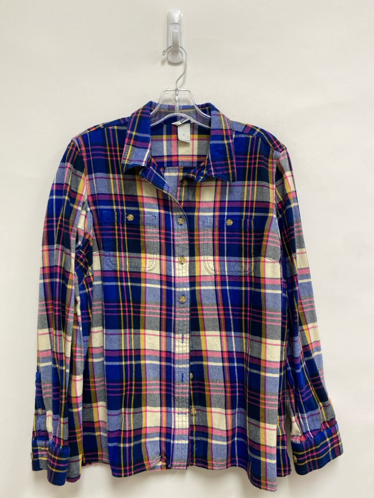 Duluth Trading Size L Blue/Cream Pink Plaid Flannel Ladies Top