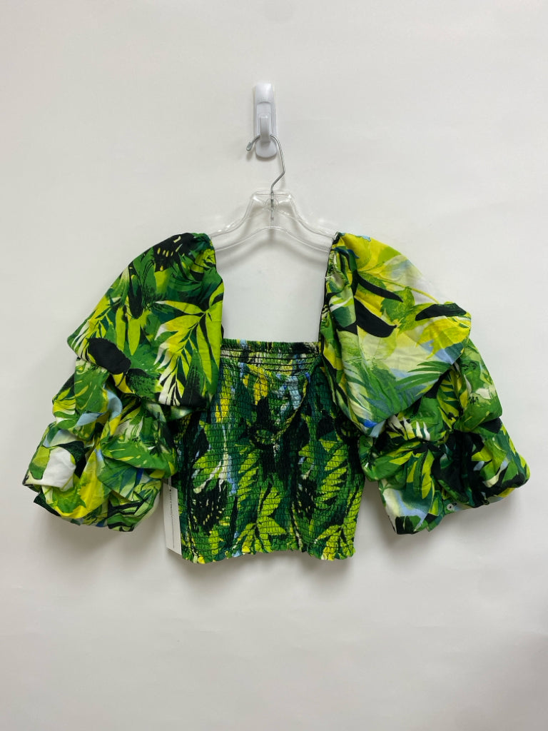NEW Size L Green/Black White Smocking Puff Sleeve Ladies Top