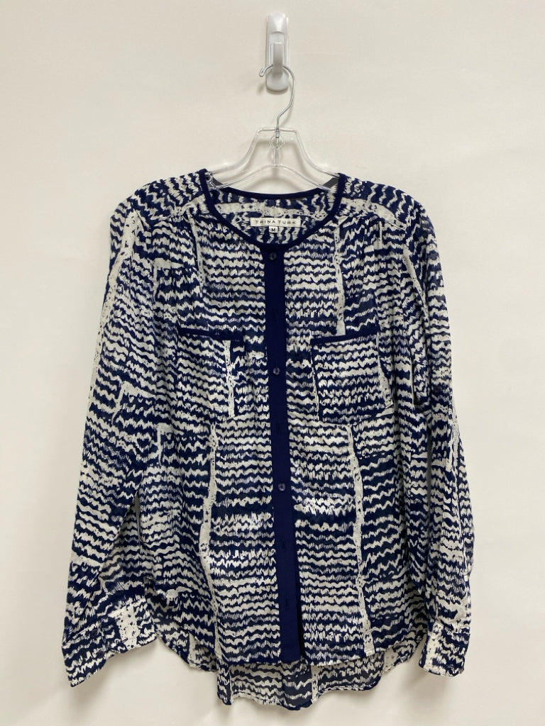 Trina Turk Size M Cream Navy Zig Zag Button Down Ladies Top