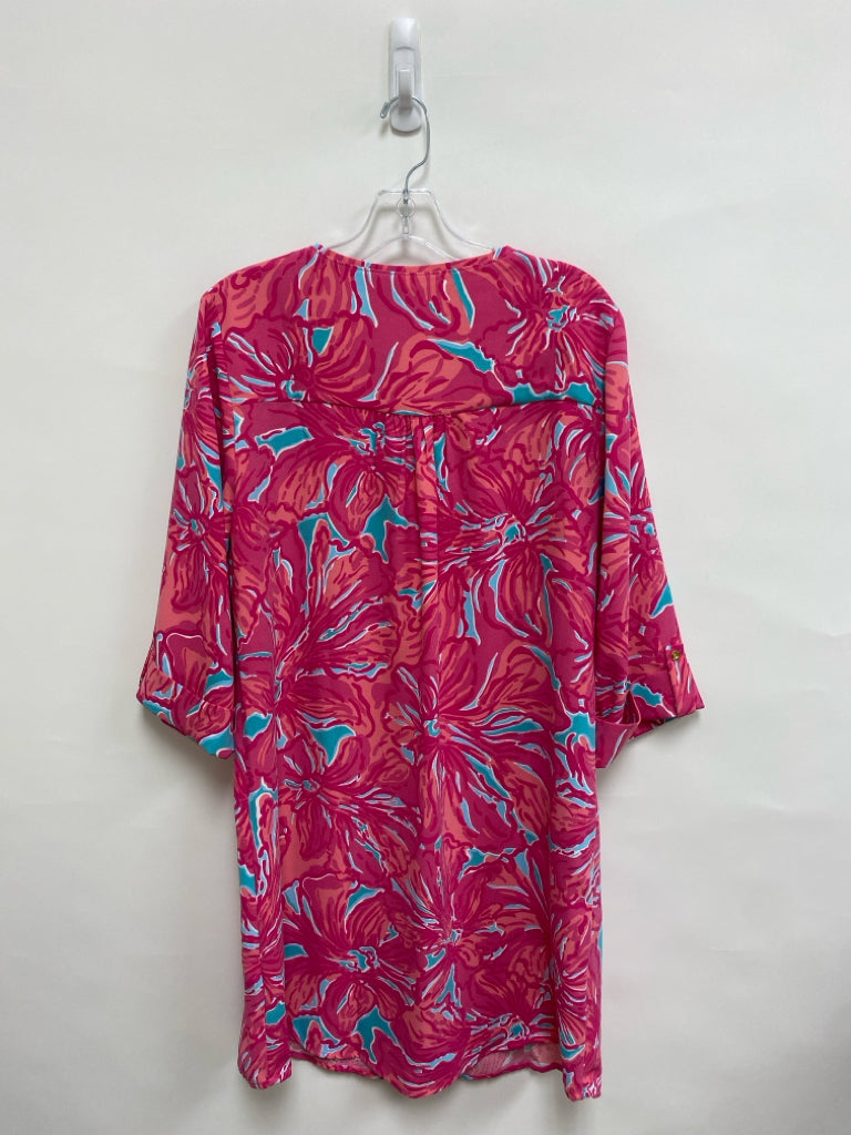 LILLY PULITZER Size L Pink Turquoise Flowers V Neck Ladies Dress
