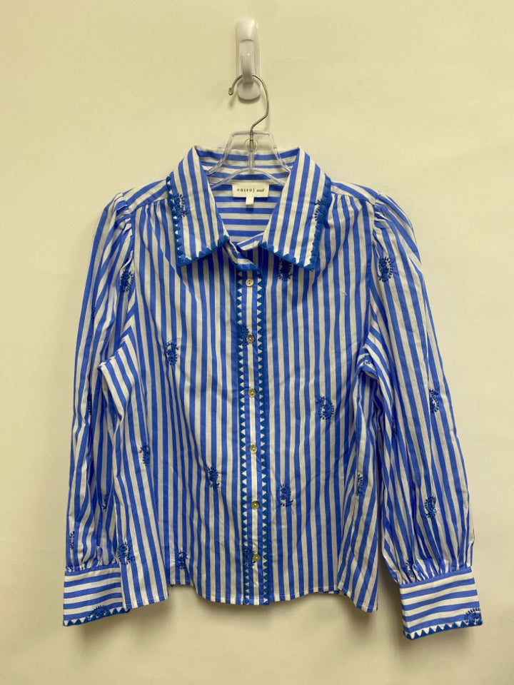 entro Size S Blue White Striped Button Up Embroidered Ladies Top