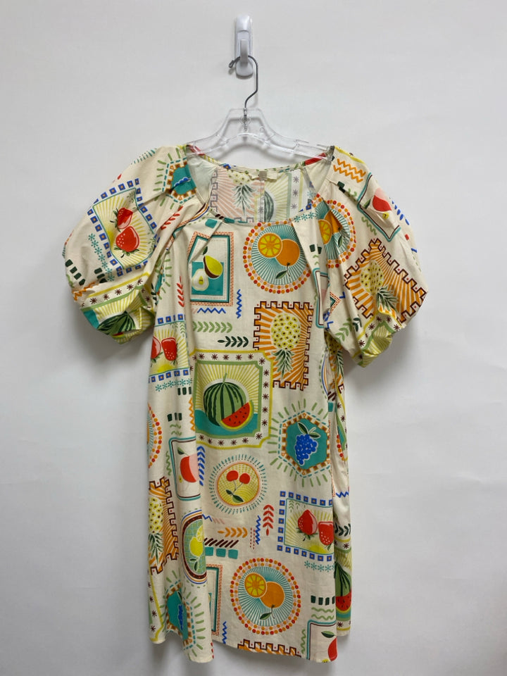 Easel Size M Cream Multi Color Fruit Puff Sleeve Ladies Dress