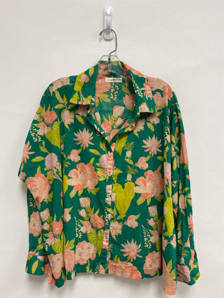 Natural Life Size S Green Peach Flowers Ladies Top