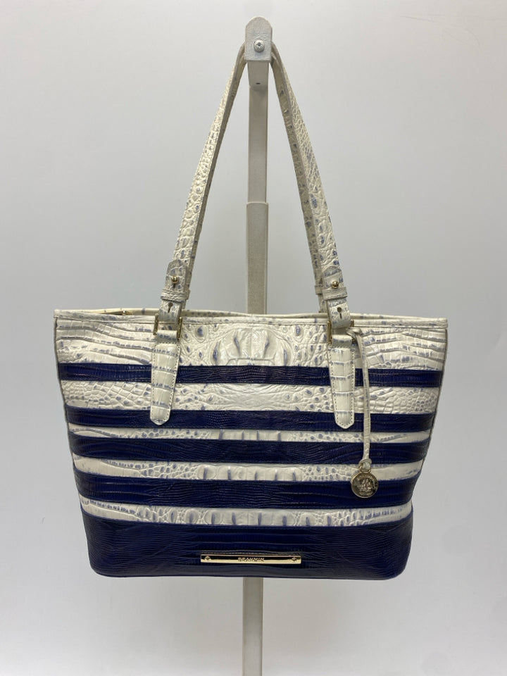 Brahmin White Dark Blue Stripe(s) Leather Handbag