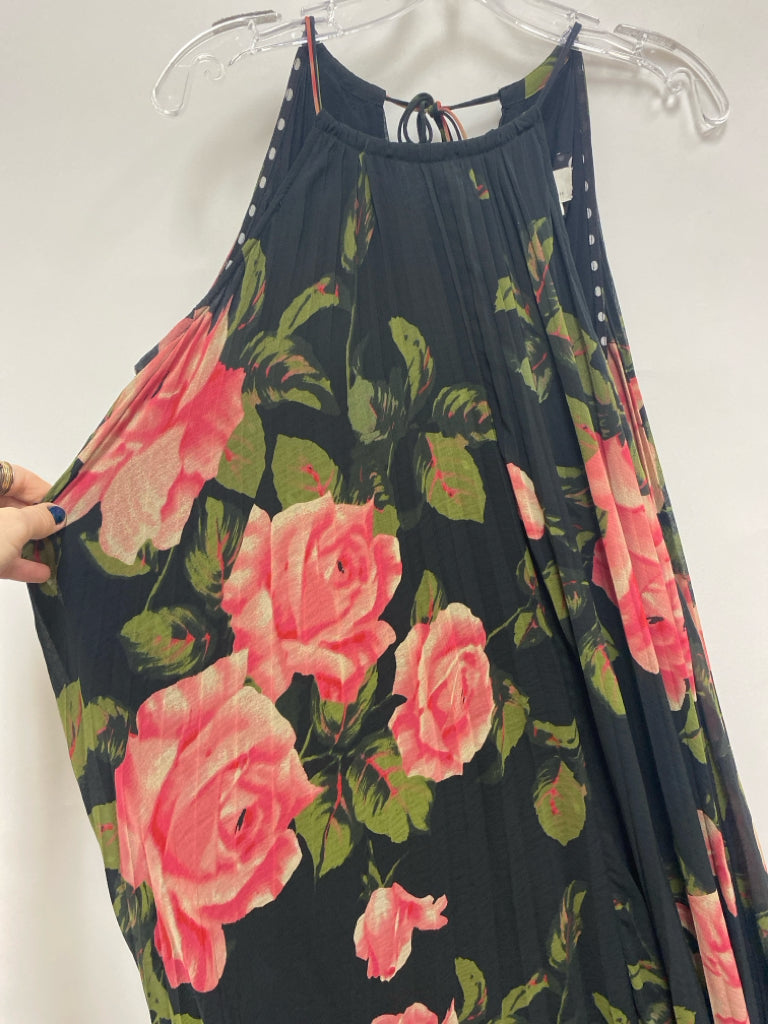 Anthropologie Size XS Black Green/Pink Flowers Sleeveless Ladies Dress