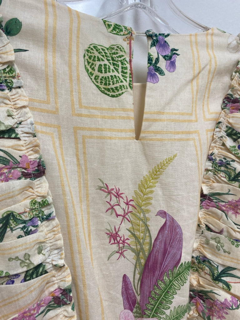 a loves a Size S Cream/Green Purple/Multi Ruffles Maxi Linen Blend Ladies Dress