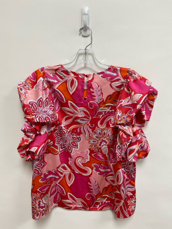 THML Size L Red/White Pink/Orange Acanthus Puff Sleeve Ladies Top