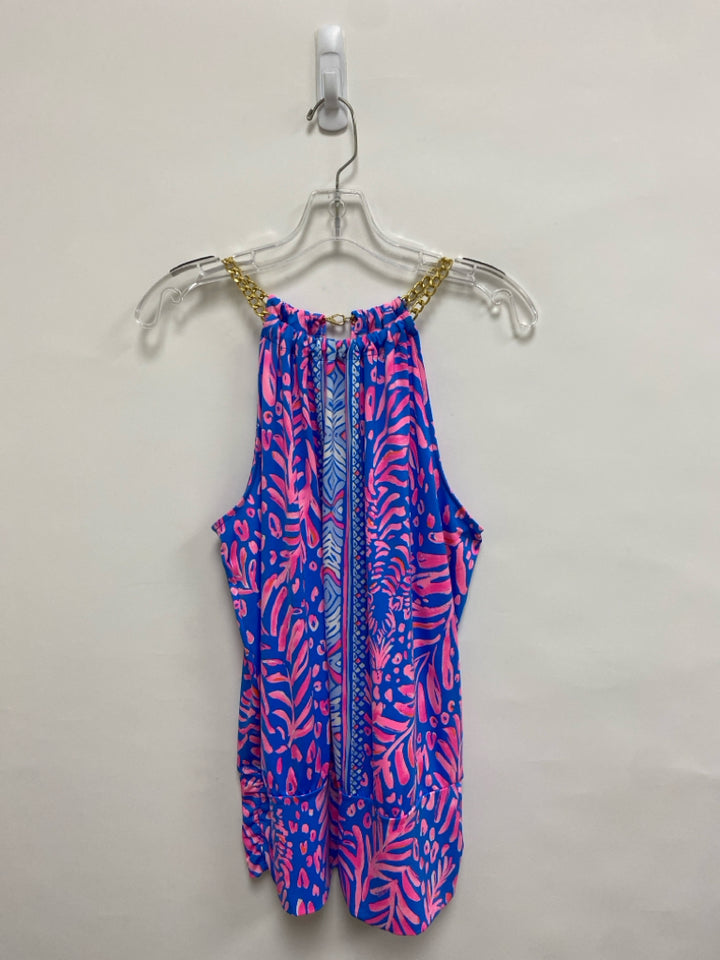 LILLY PULITZER Size L Periwinkle Pink/Gold Chains Halter Ladies Top