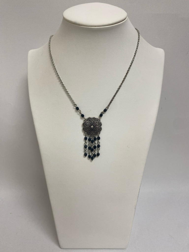 Brighton Silver Color Black Flowers Necklace