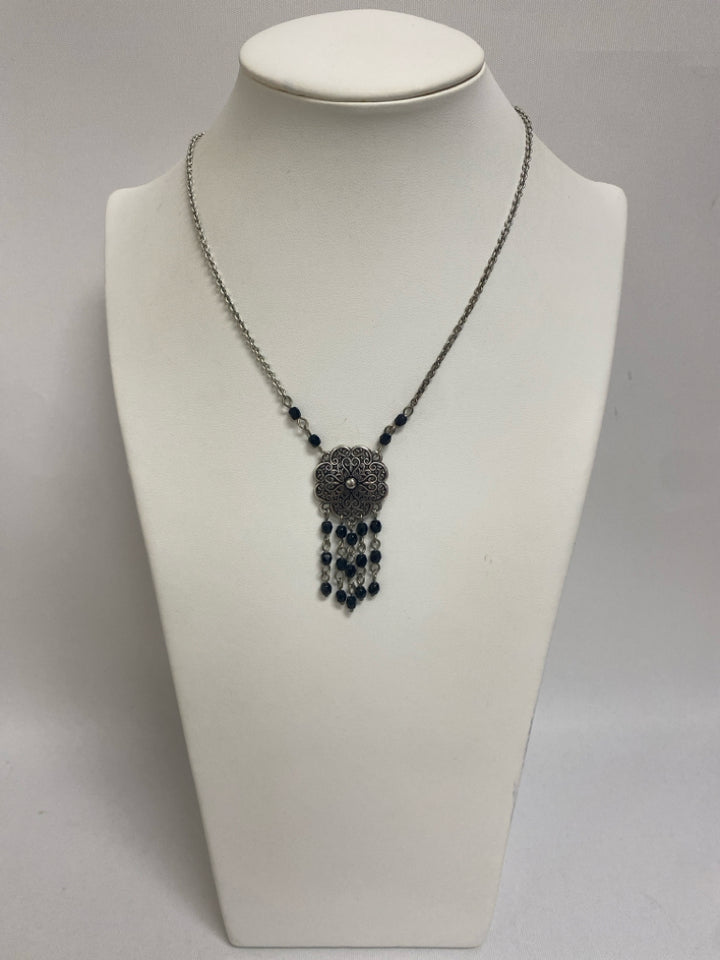 Brighton Silver Color Black Flowers Necklace