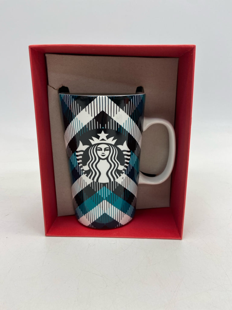 Starbucks White/Black Green Plaid Plastic Coffee Mug