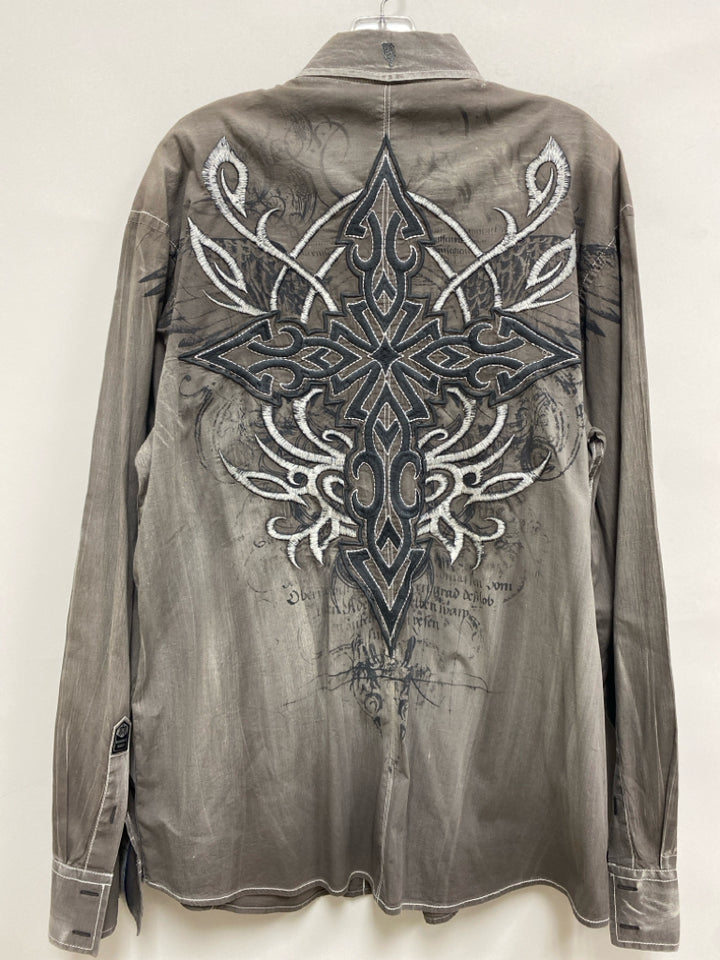 Roar Brand Size XL Gray Charcoal Embroidered Button Up Men&