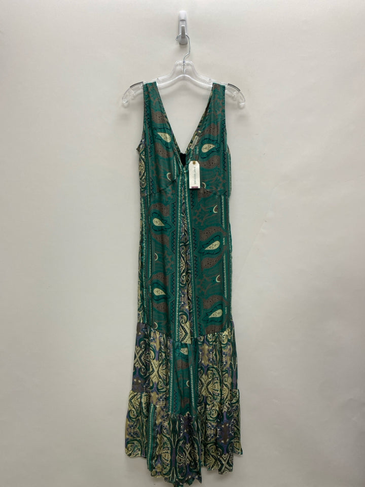 NWT Earthbound Size S Green/Cream Taupe Assorted Print Maxi Ladies Dress