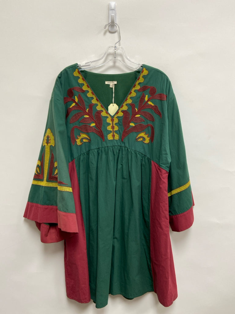 NWT Jodifl Size L Green/Yellow Burgundy Embroidered Bell Sleeves Ladies Dress