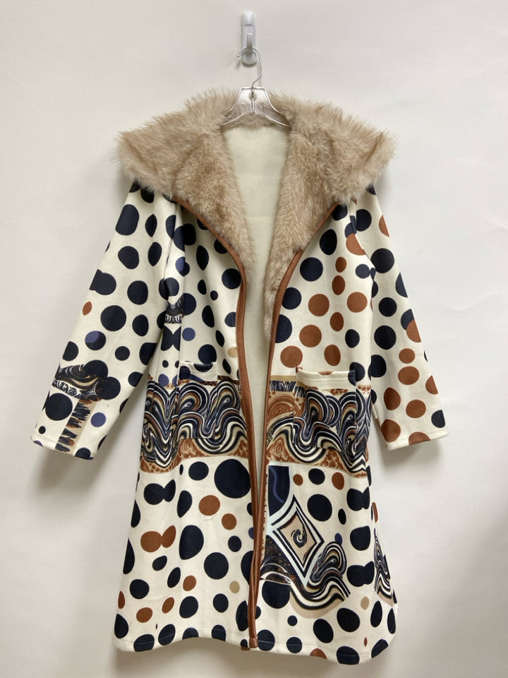 Size XL Cream/Black Brown Polka Dot Faux Fur Collar Ladies Jacket