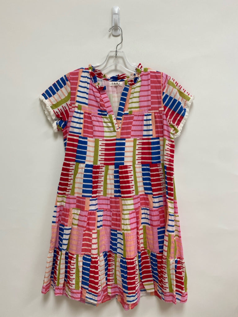 THML Size S White/Red Coral/Multi Lines V Neck Ladies Dress