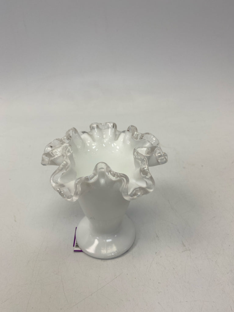 Fenton White Clear Trimmed Glass Vase