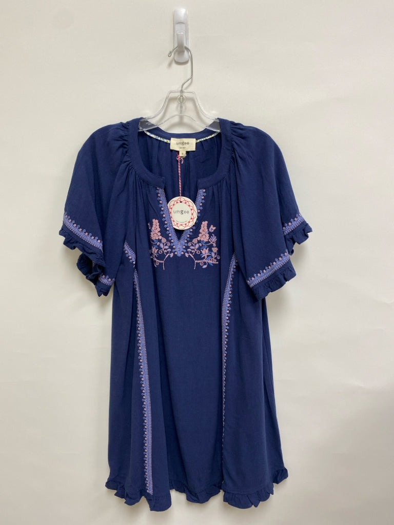 NWT Umgee Size S Navy Blue/Pink Embroidered Linen Blend Ladies Dress
