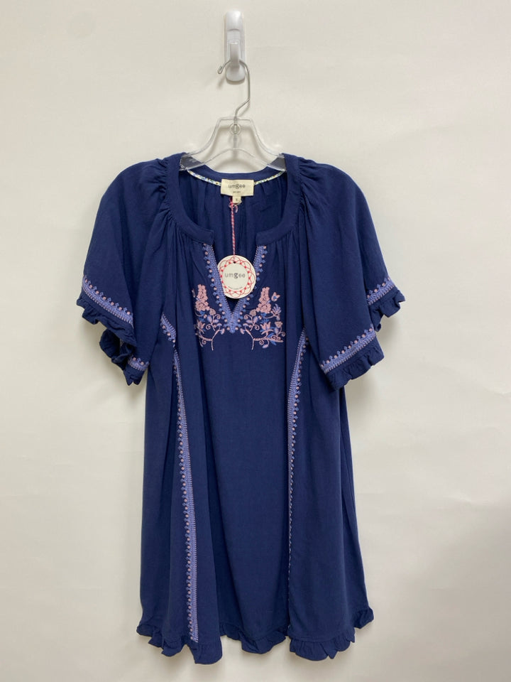 NWT Umgee Size S Navy Blue/Pink Embroidered Linen Blend Ladies Dress