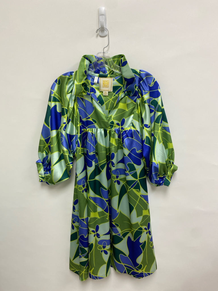 EMILY McCARTHY Size XS Blue/Green Seafoam Abstract Puff Sleeve Ladies Dress
