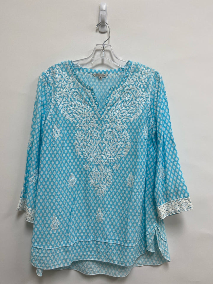 JOHN MARK Size M Turquoise White Embroidered Tunic Ladies Top