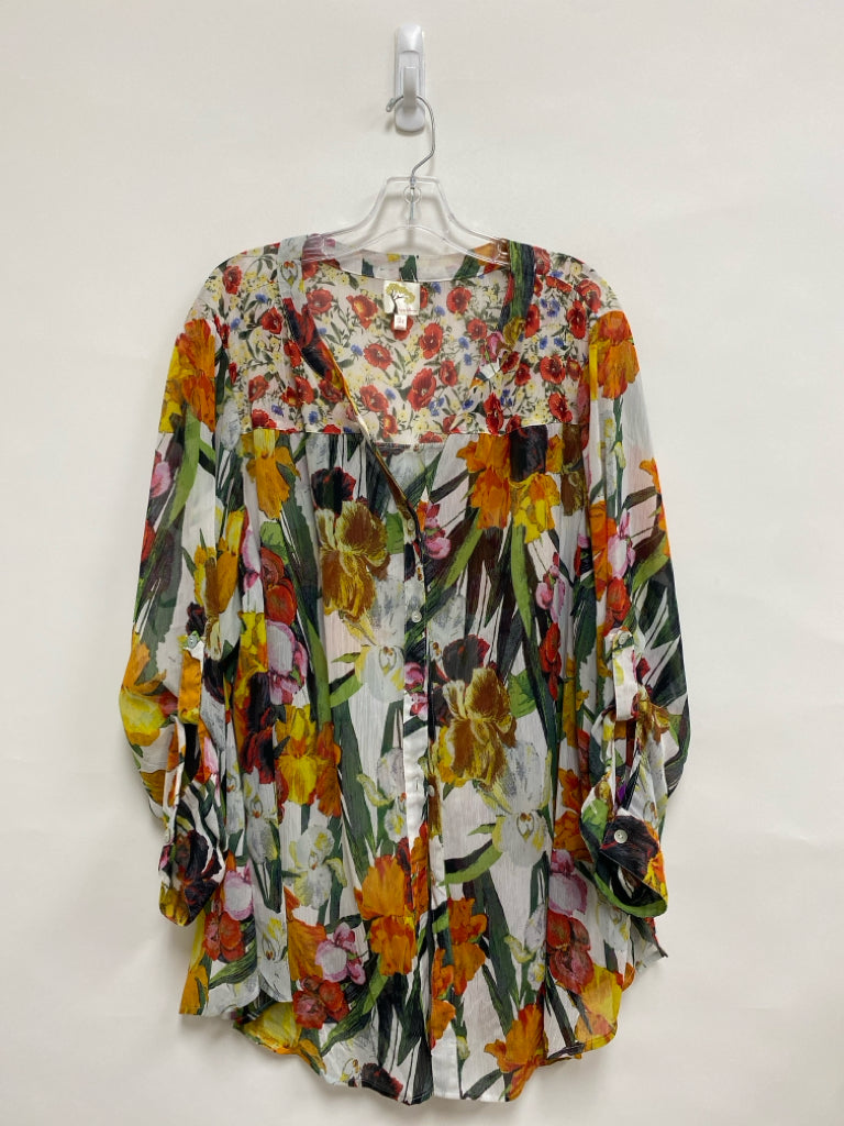 fig &amp; flower  SIZE  3X White Multi Color Floral Button Up Plus Size Top