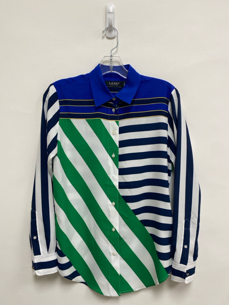 Lauren Ralph Lauren Size XS Royal Blue Green/White Striped Button Up Ladies Top