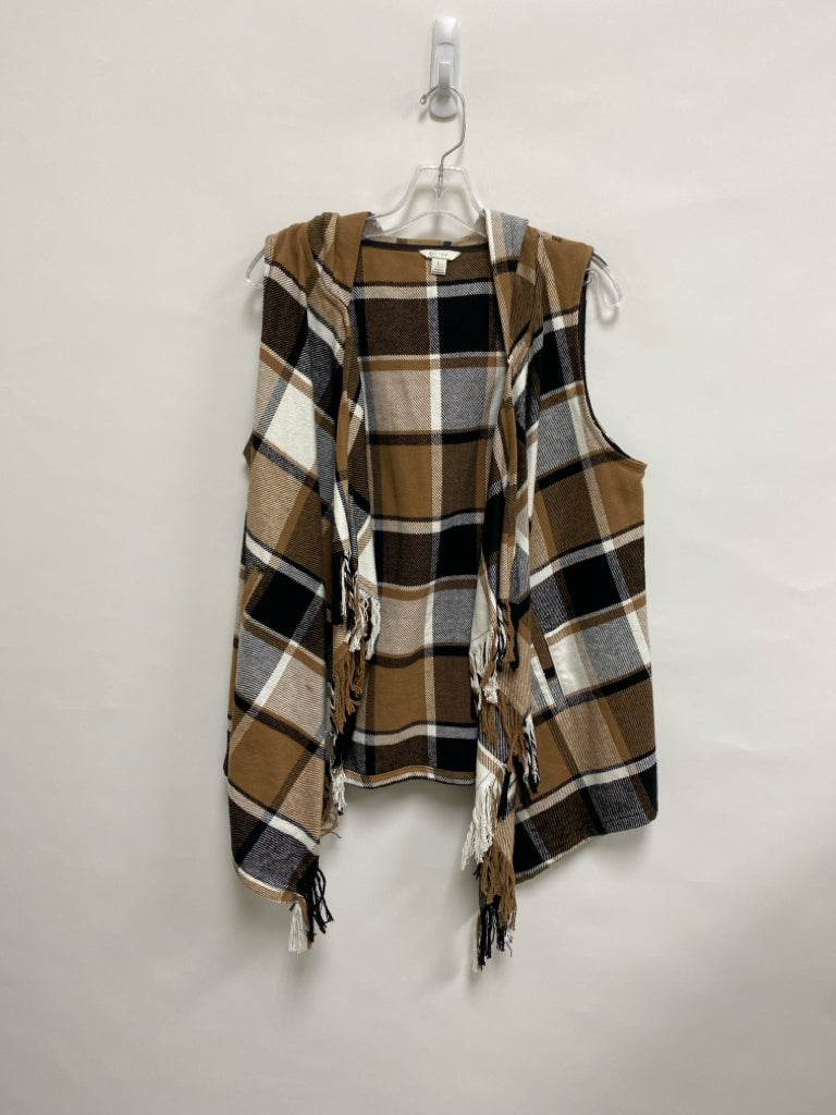 CATO Size L Brown White/Black Plaid Hooded Fringe Ladies Sweater Vest
