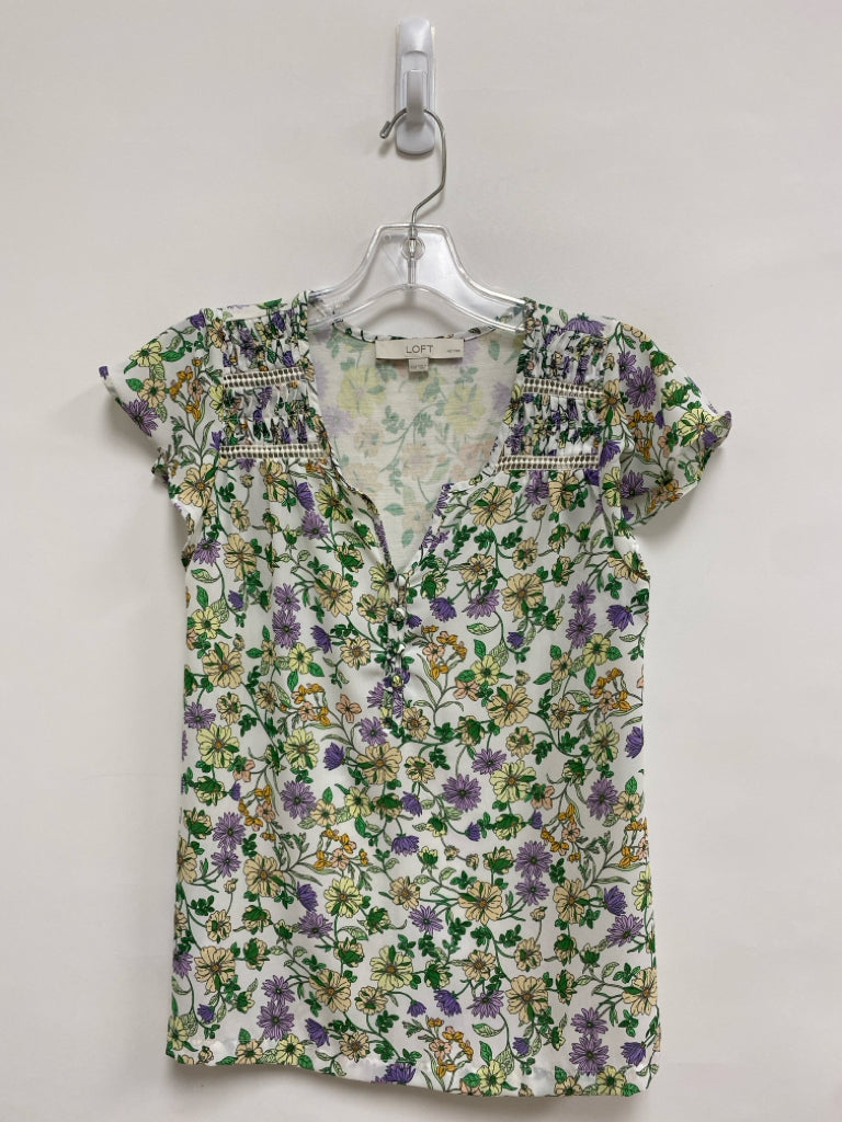 LOFT Size XXSP White Purple/Green Floral Quarter Button Petite Top