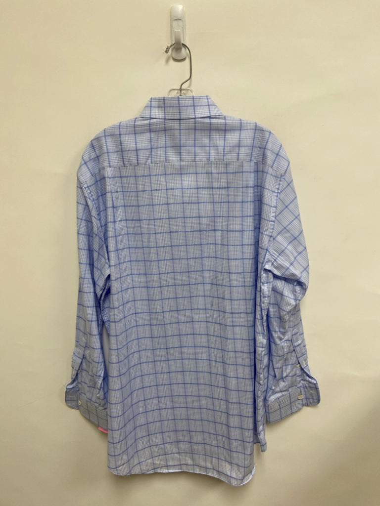 Ledbury Size 17 Powder Blue Navy Windowpane Button Up Men&