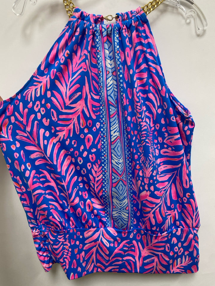 LILLY PULITZER Size L Periwinkle Pink/Gold Chains Halter Ladies Top