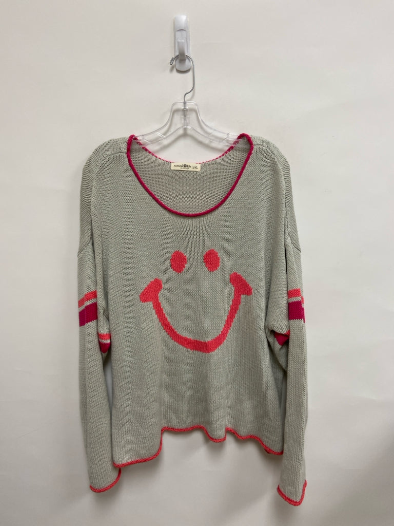 Natural Life Size L Pale Gray Coral/Pink Smiley Face Ladies Sweater