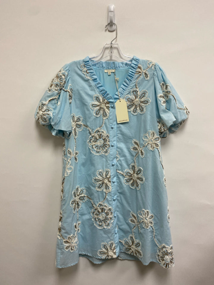 NWT Jodifl Size S Powder Blue White/Tan Piping Button Up Ladies Dress