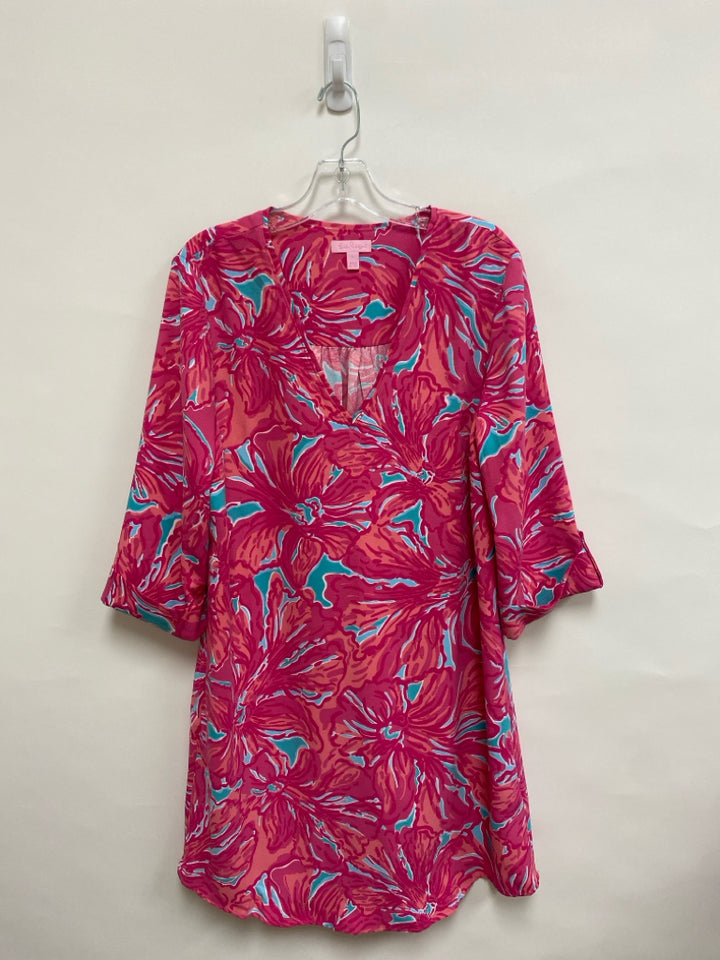 LILLY PULITZER Size L Pink Turquoise Flowers V Neck Ladies Dress
