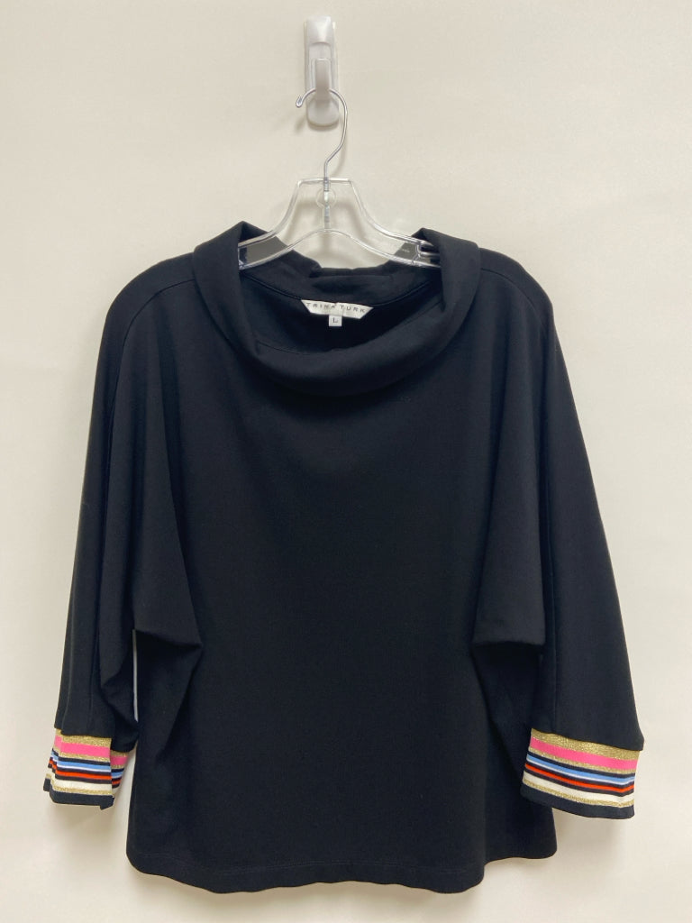 Trina Turk Size L Black Multi Color Trimmed Batwing Ladies Top