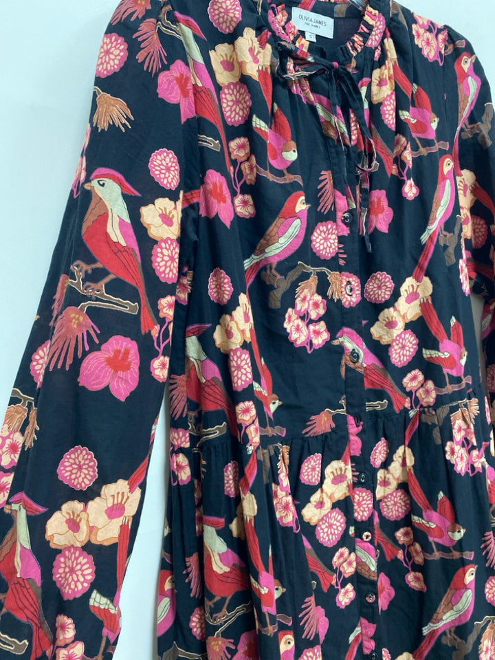 OLIVIA JAMES Size S Black Red/Pink Birds Ladies Dress