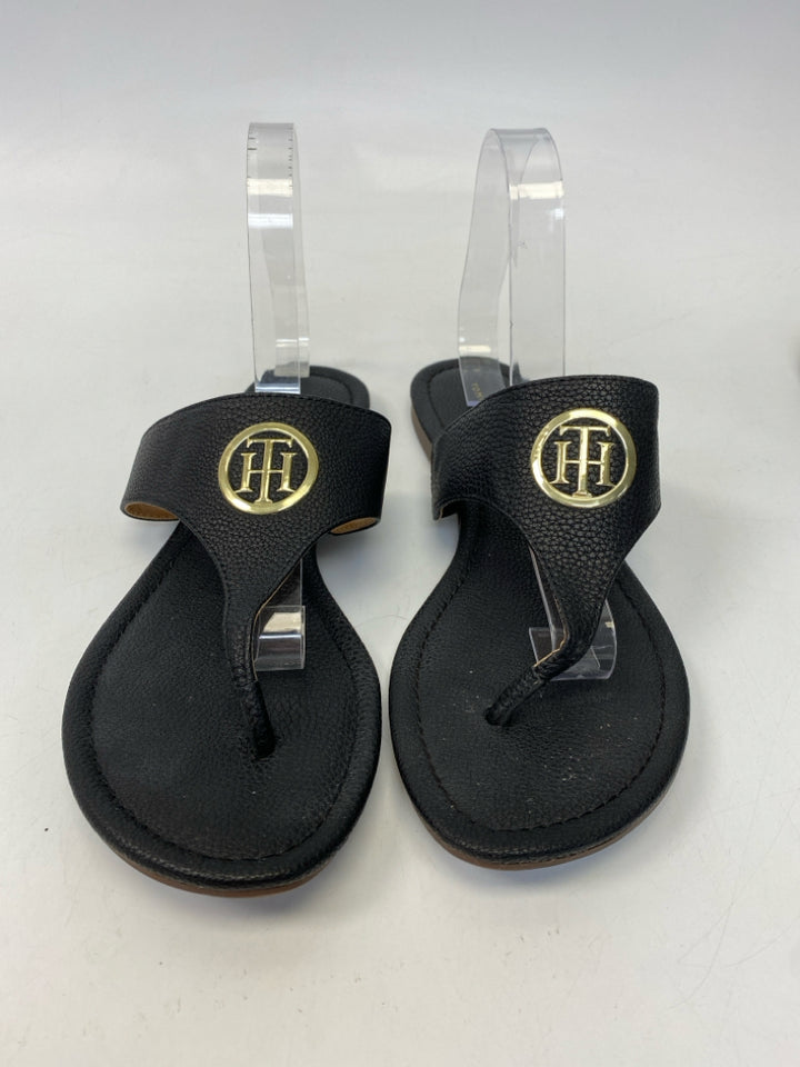 Tommy Hilfiger  Size 10 Black Gold Logo Sandals