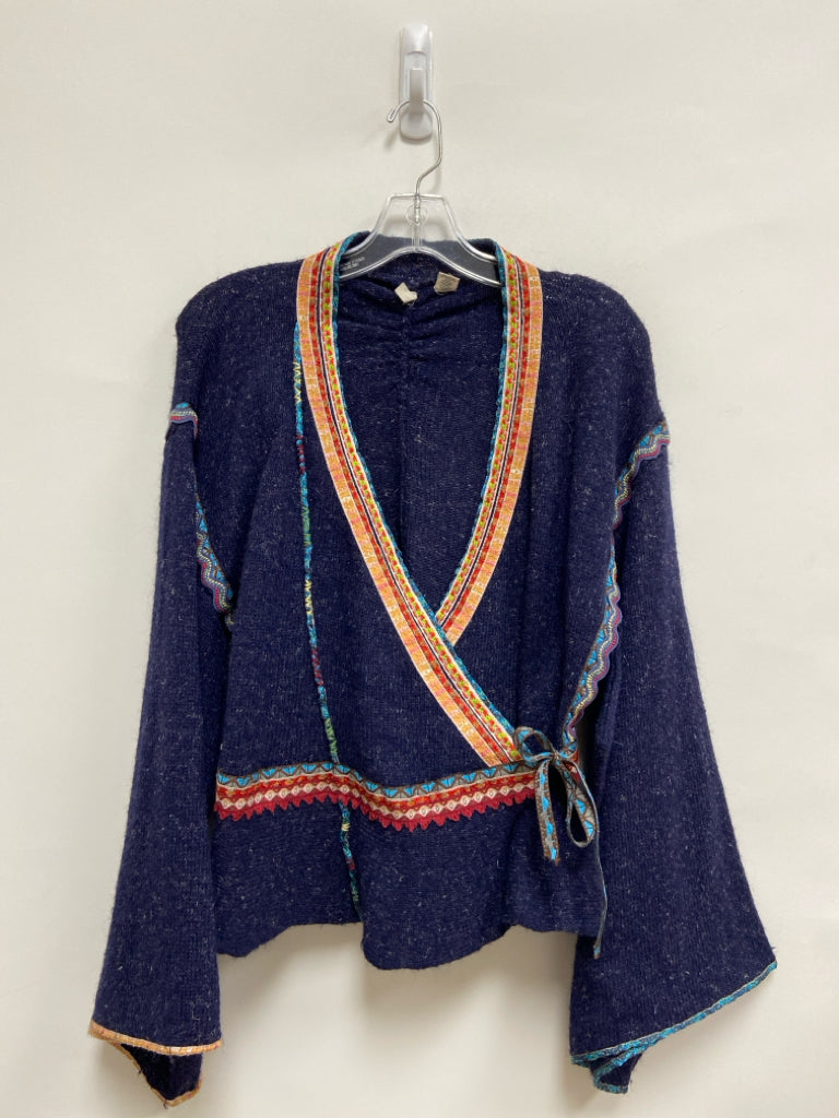 MOTH Size M Navy Multi Color Trimmed Wrap Ladies Sweater
