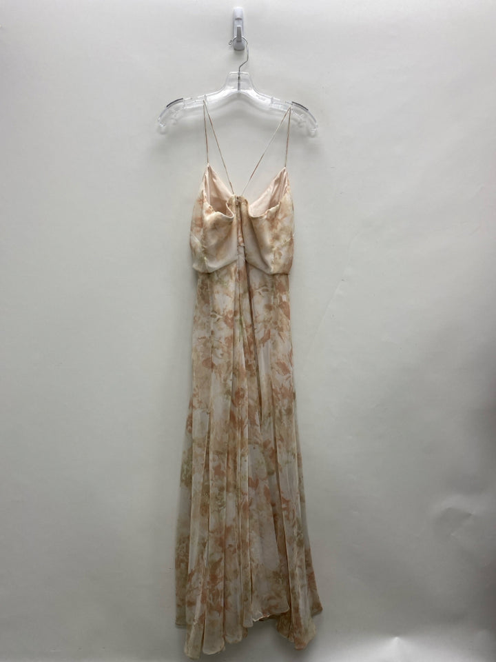 Size 4 Pale Peach Coral/Green Abstract Maxi Ladies Dress