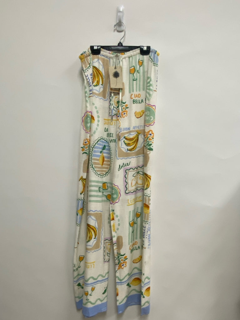NWT Size L White/Green Yellow/Multi Pull-on Linen Blend Ladies Pants